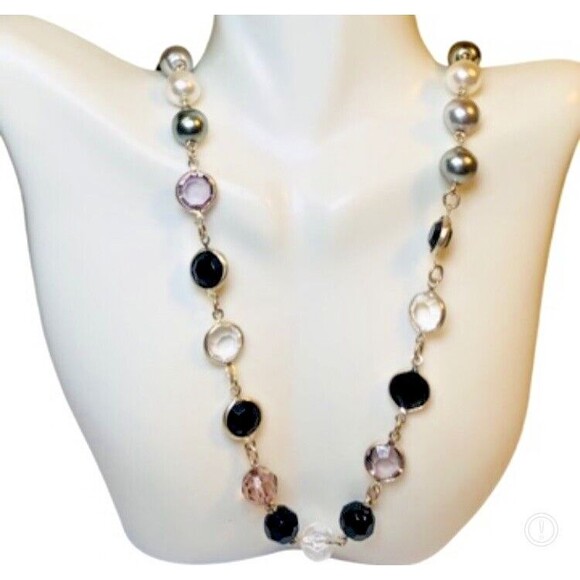 Vintage Black & White Rivoli Beaded Layering Necklace 60" Silver Tone - Picture 3 of 12